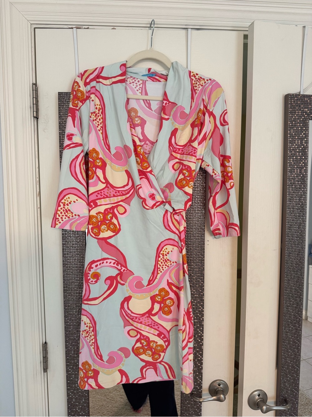 J. McLaughlin Wrap Dress in Pink and Light Blue - Floral Swirl Design